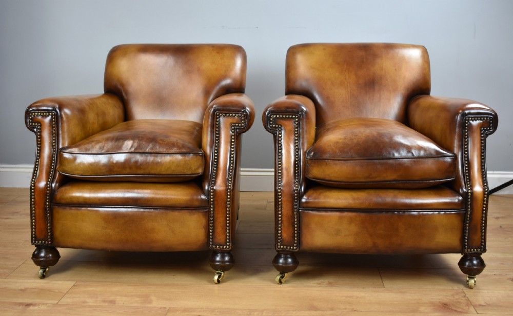 Pair of 1920's Hand Dyed Biscuit Brown Leather Club Chairs View IV