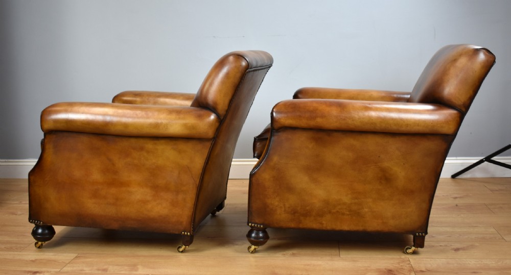 Pair of 1920's Hand Dyed Biscuit Brown Leather Club Chairs View V