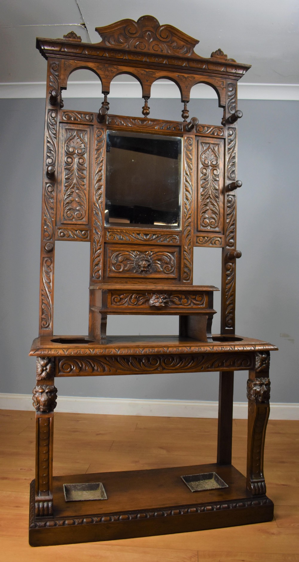 19th Century Carved Oak Flemish Style Hall stand