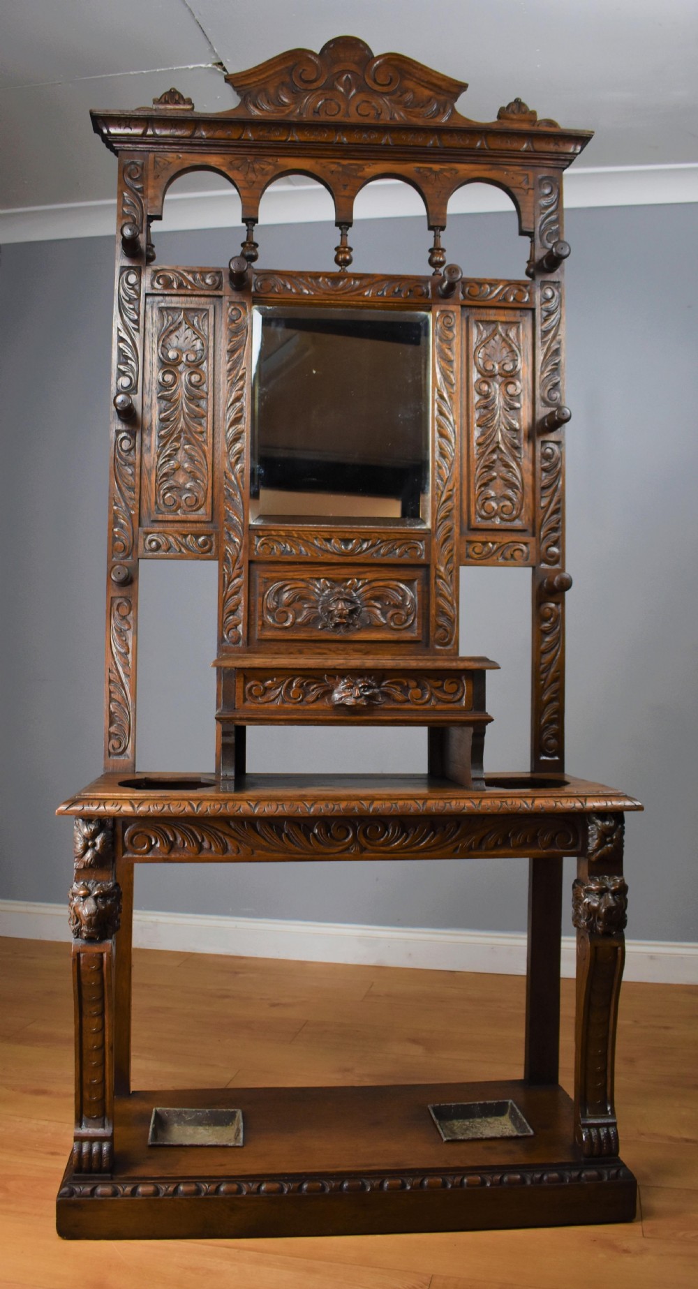 19th Century Carved Oak Flemish Style Hall stand View II