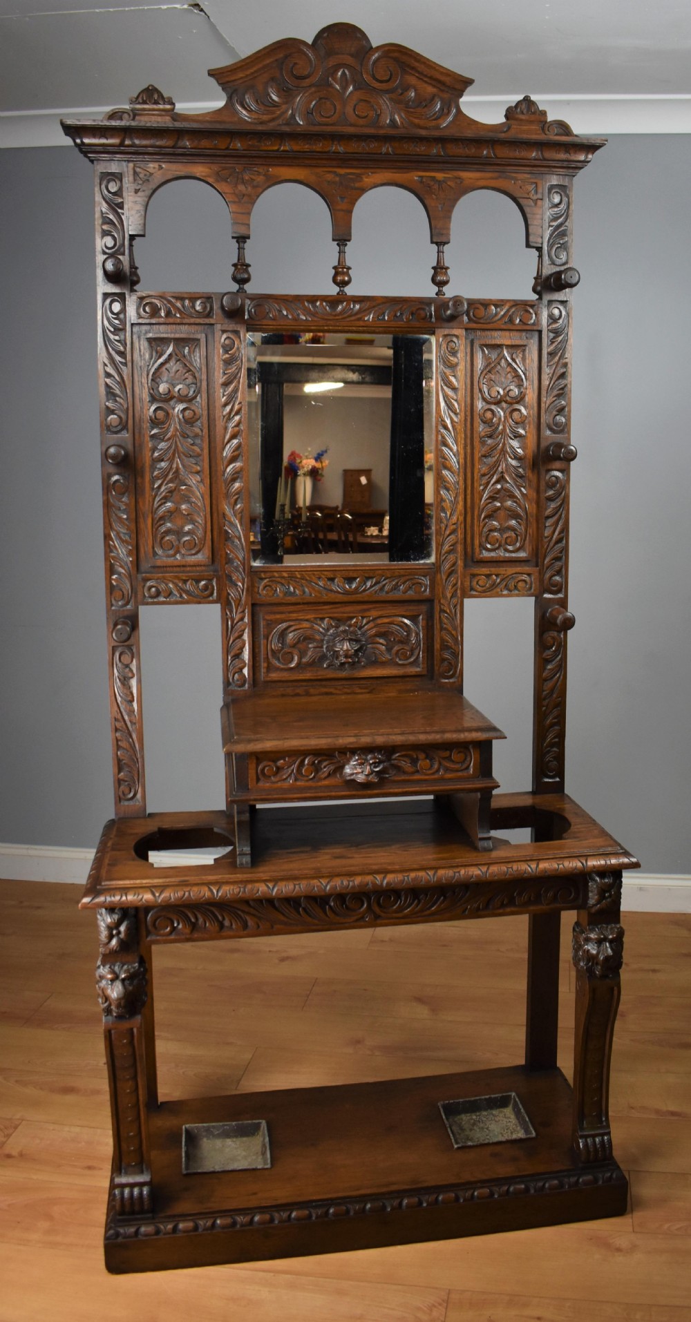 19th Century Carved Oak Flemish Style Hall stand View III