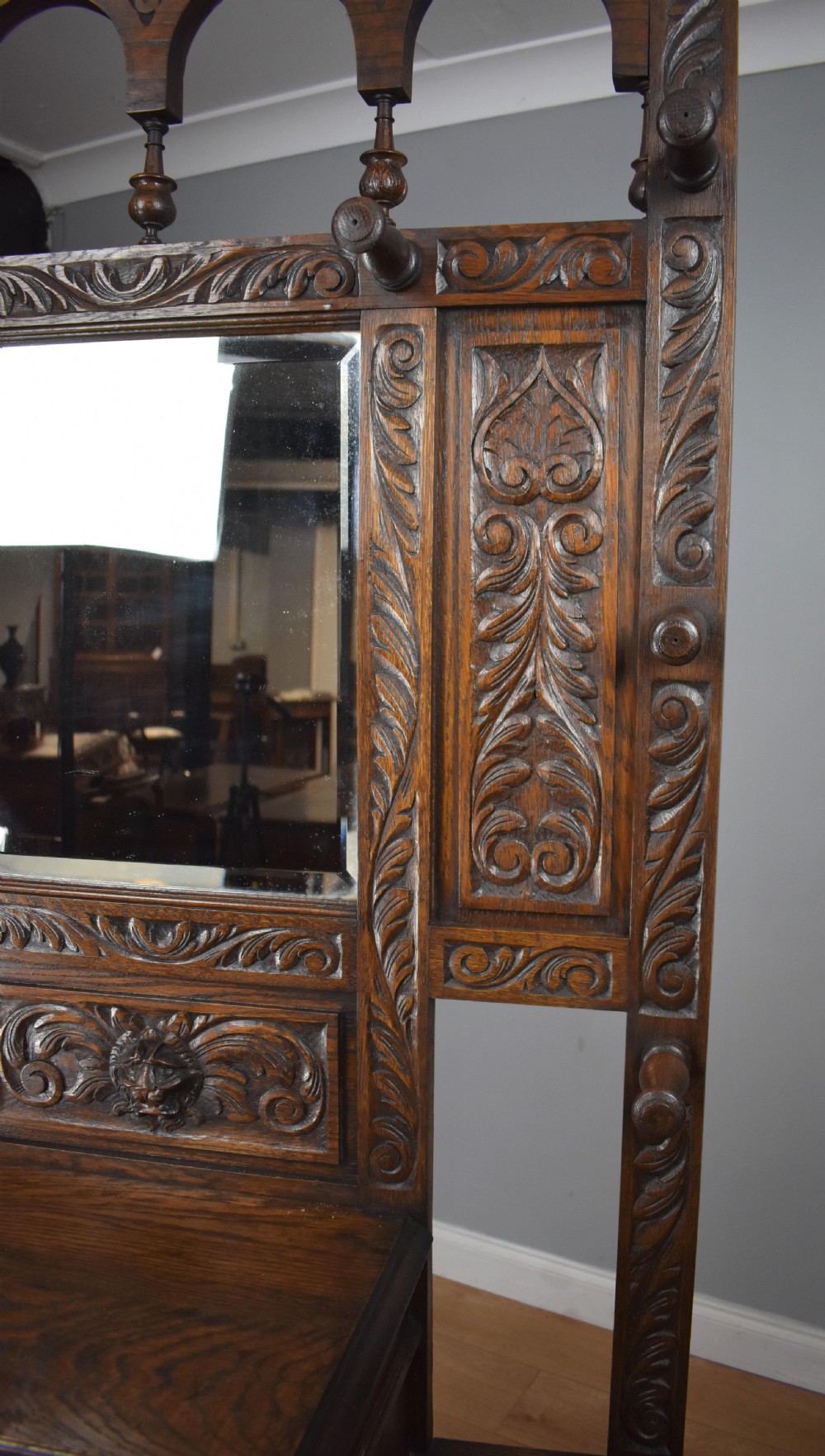 19th Century Carved Oak Flemish Style Hall stand View VI