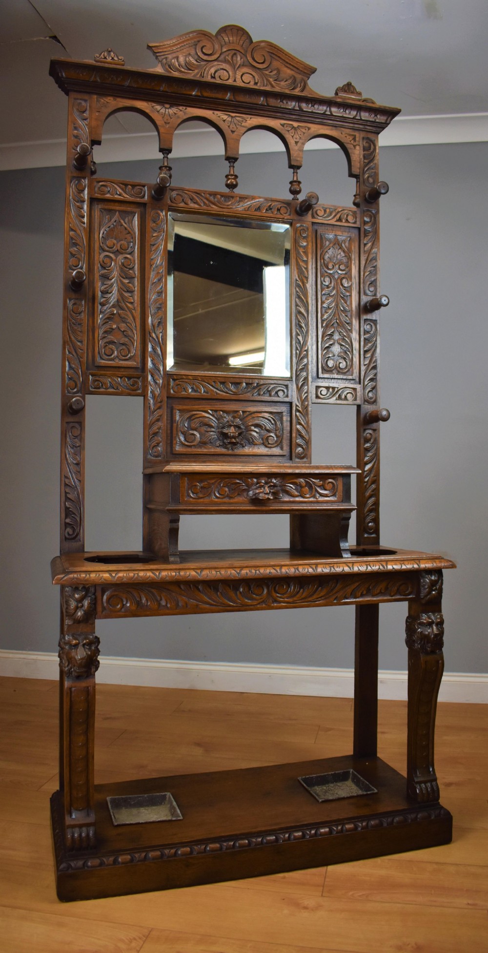 19th Century Carved Oak Flemish Style Hall stand View XX