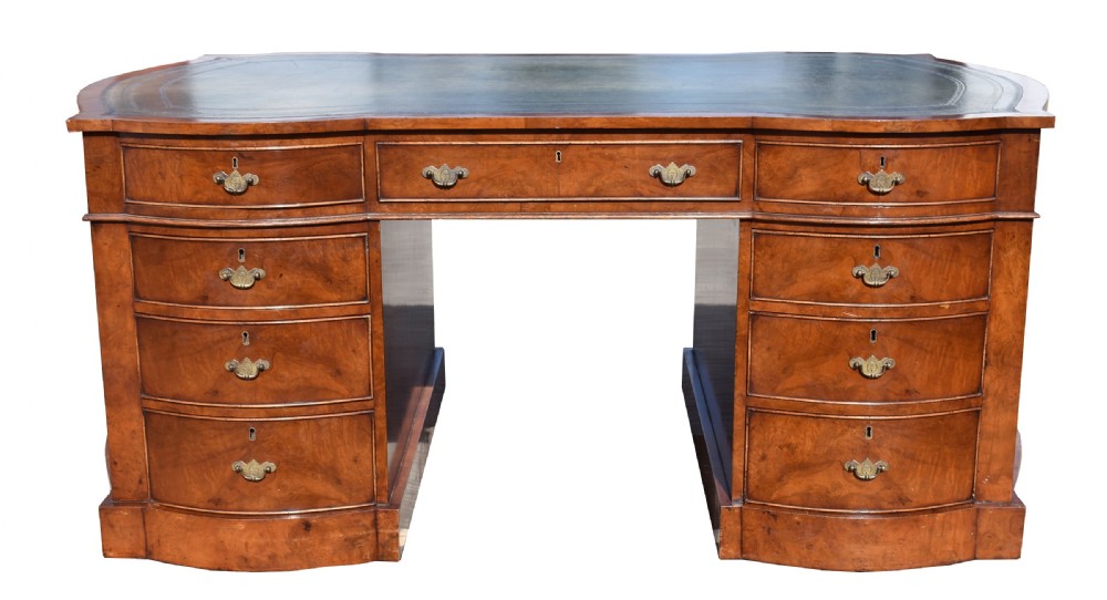 Edwardian Burr Walnut Bow Front Partners Desk