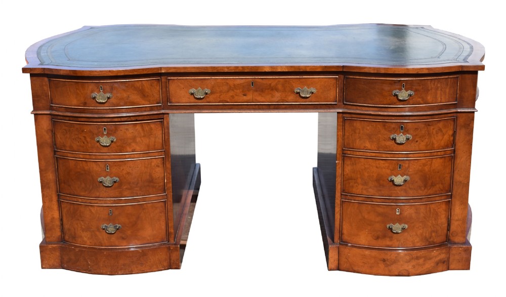 Edwardian Burr Walnut Bow Front Partners Desk View V