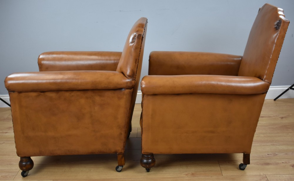 Pair Victorian Tan Leather Ladies and Gents armchairs View III