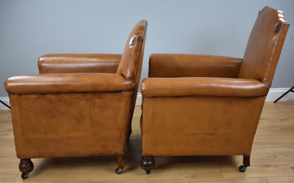 Pair Victorian Tan Leather Ladies and Gents armchairs View IV