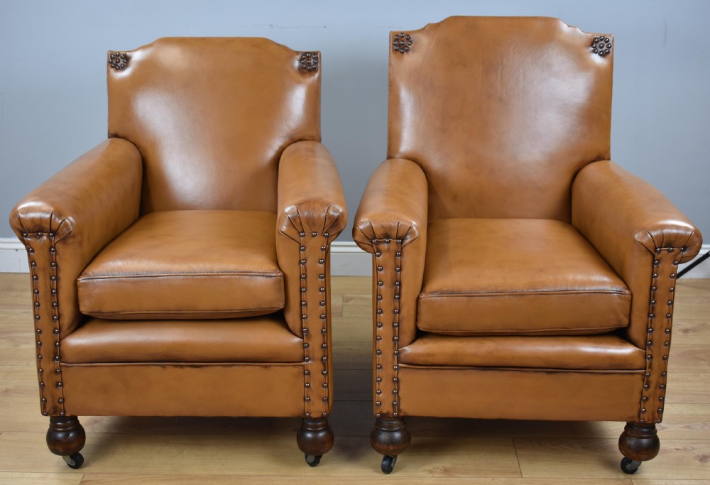 Pair Victorian Tan Leather Ladies and Gents armchairs View VI