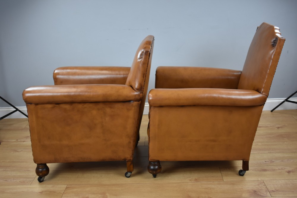 Pair Victorian Tan Leather Ladies and Gents armchairs View VIII