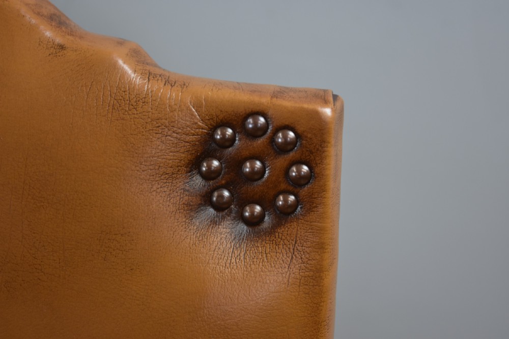 Pair Victorian Tan Leather Ladies and Gents armchairs View IX