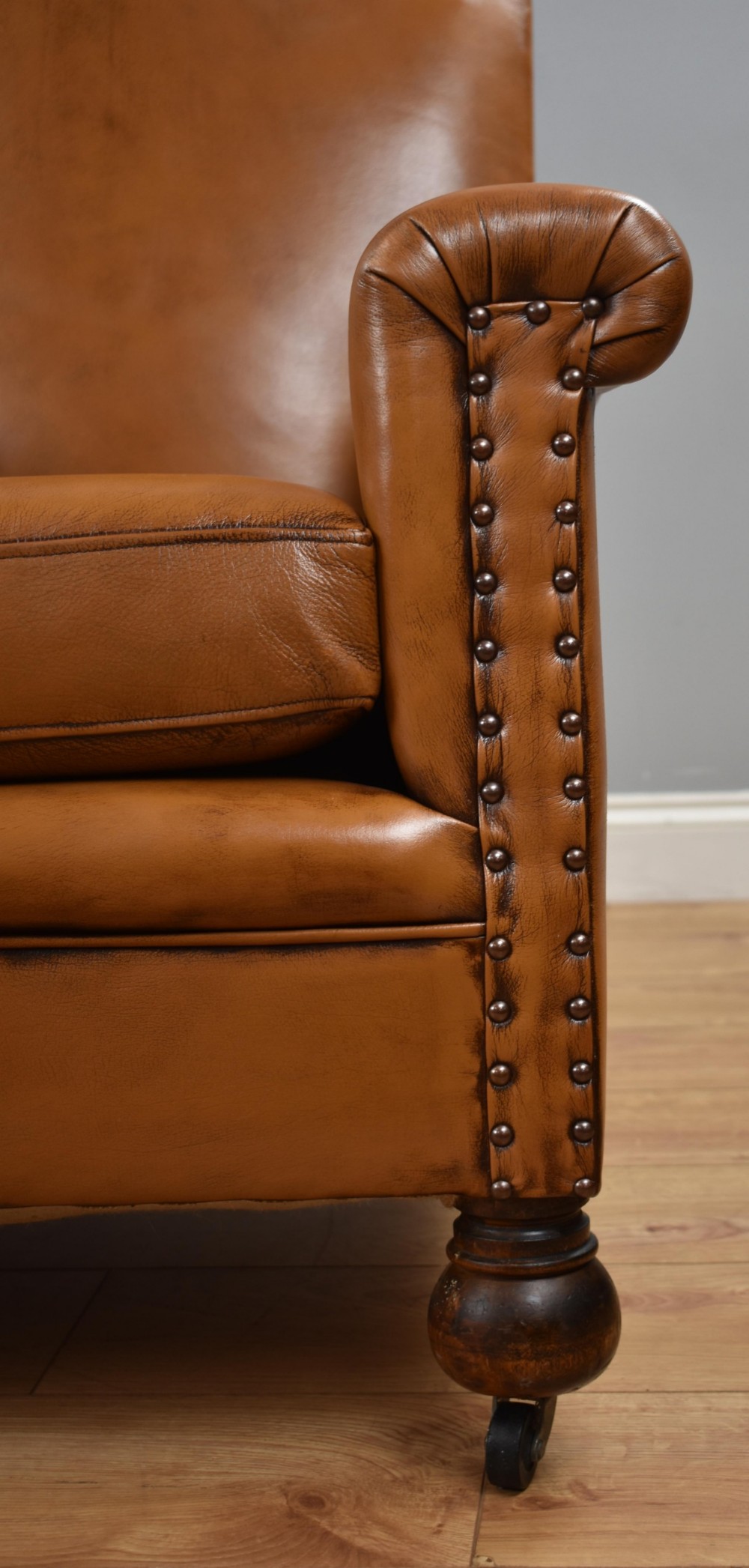 Pair Victorian Tan Leather Ladies and Gents armchairs View XI