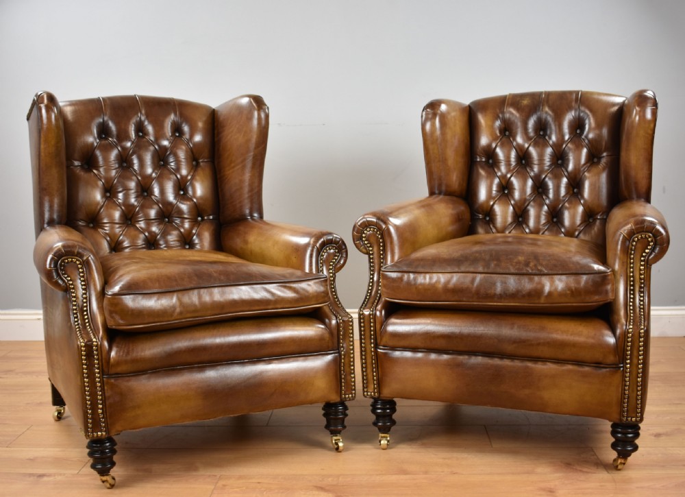 Pair of Victorian Whiskey Brown Leather Armchairs