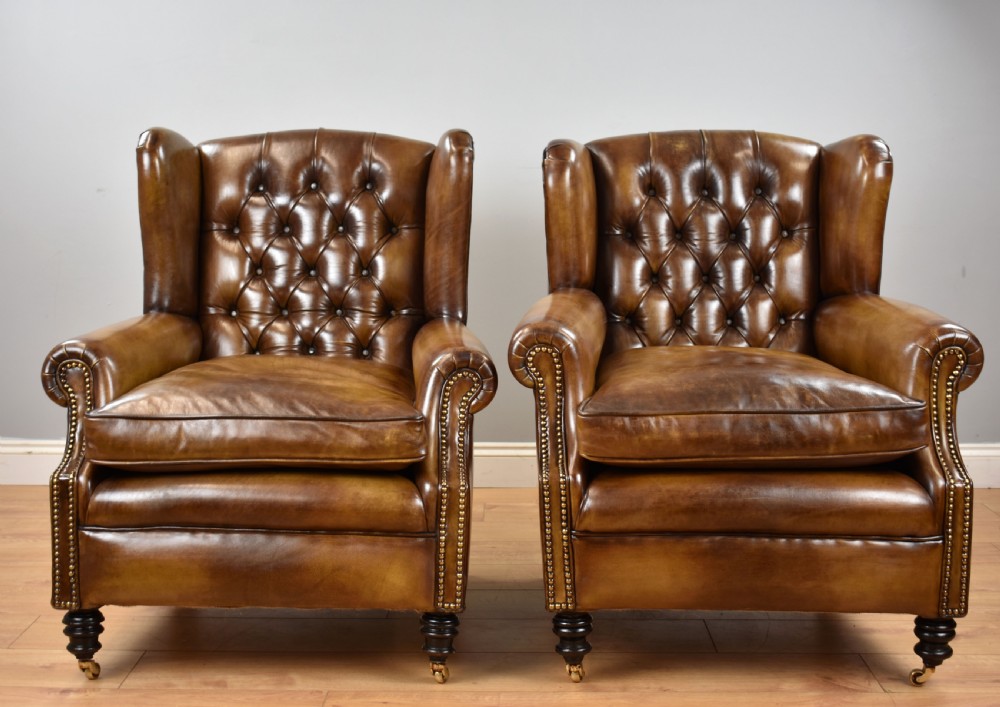 Pair of Victorian Whiskey Brown Leather Armchairs View II
