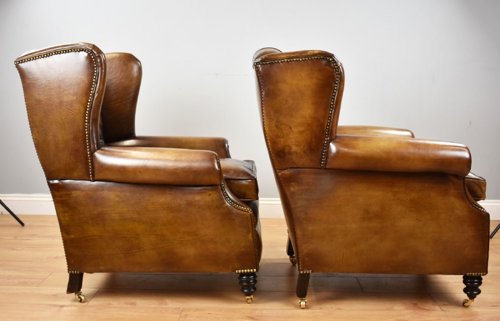 Pair of Victorian Whiskey Brown Leather Armchairs View III