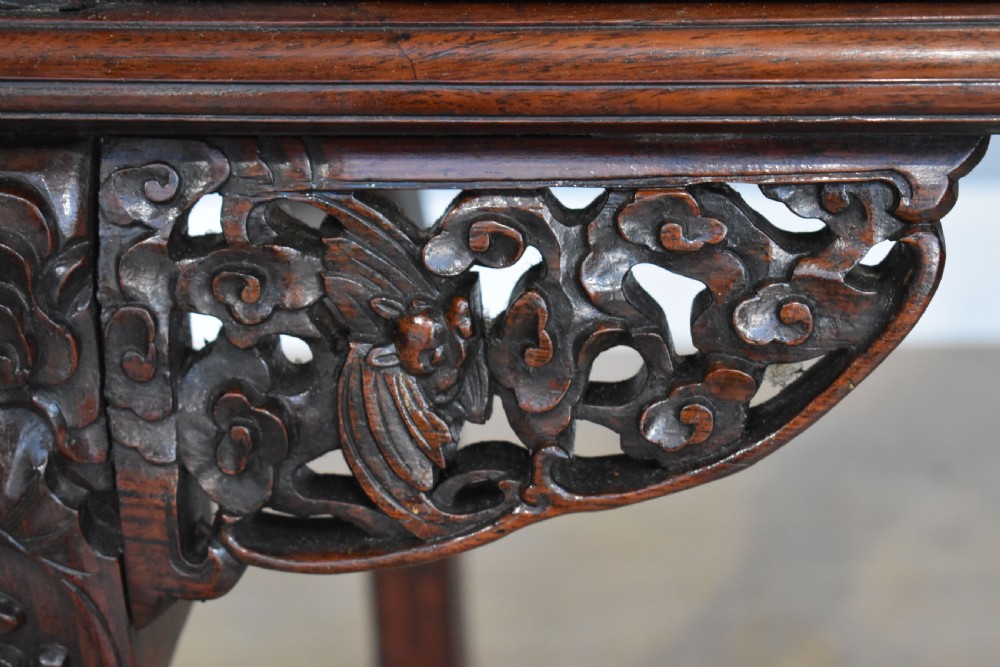 A 19th-century Chinese carved padouk wood desk featuring an intricate openwork gallery superstructure, frieze drawers, and cabriole legs ending in claw feet. View VIII