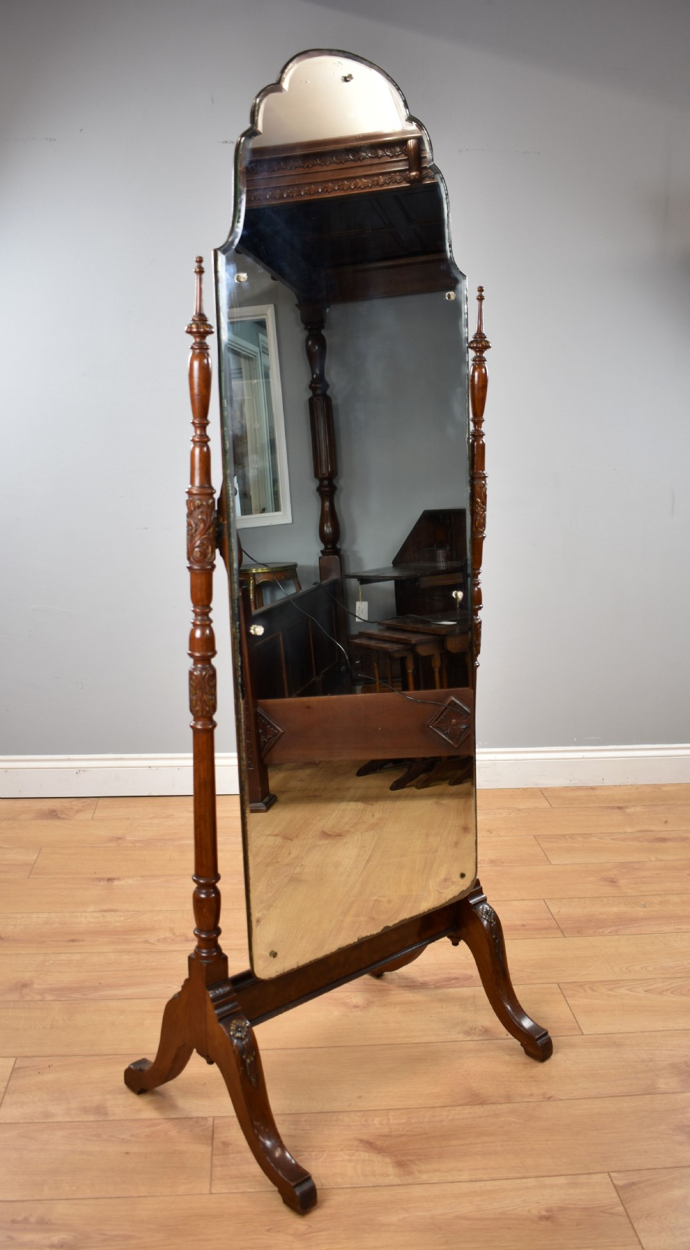 Edwardian Mahogany and Walnut Cheval Mirror