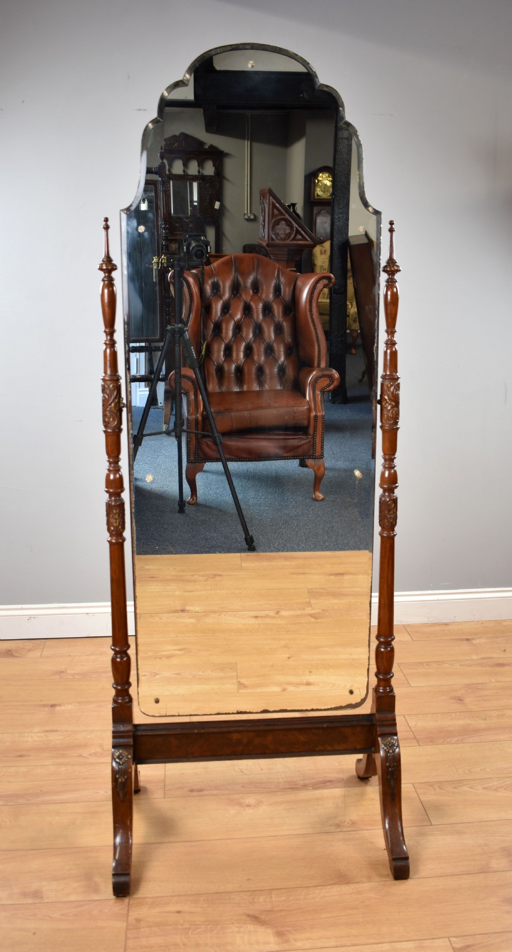 Edwardian Mahogany and Walnut Cheval Mirror View II