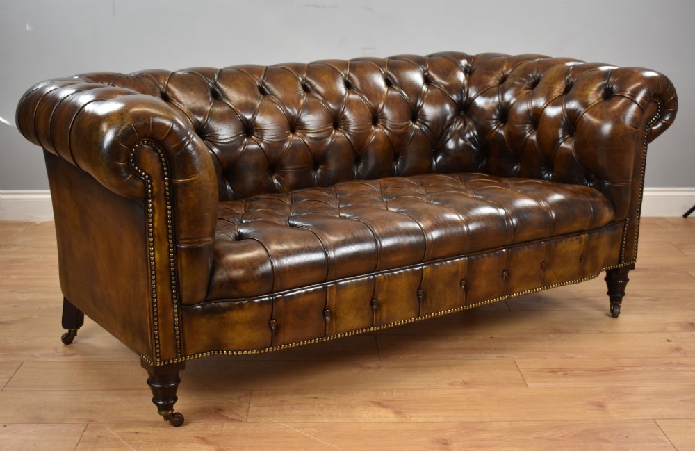 Antique Hand Dyed Cigar Brown Leather Chesterfield Sofa