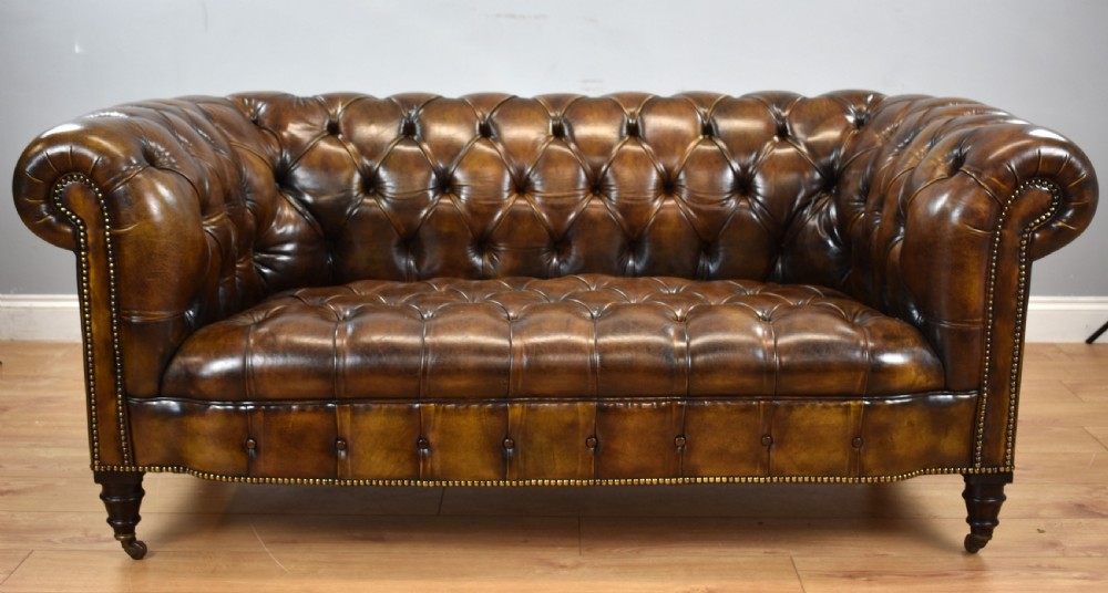 Antique Hand Dyed Cigar Brown Leather Chesterfield Sofa View II