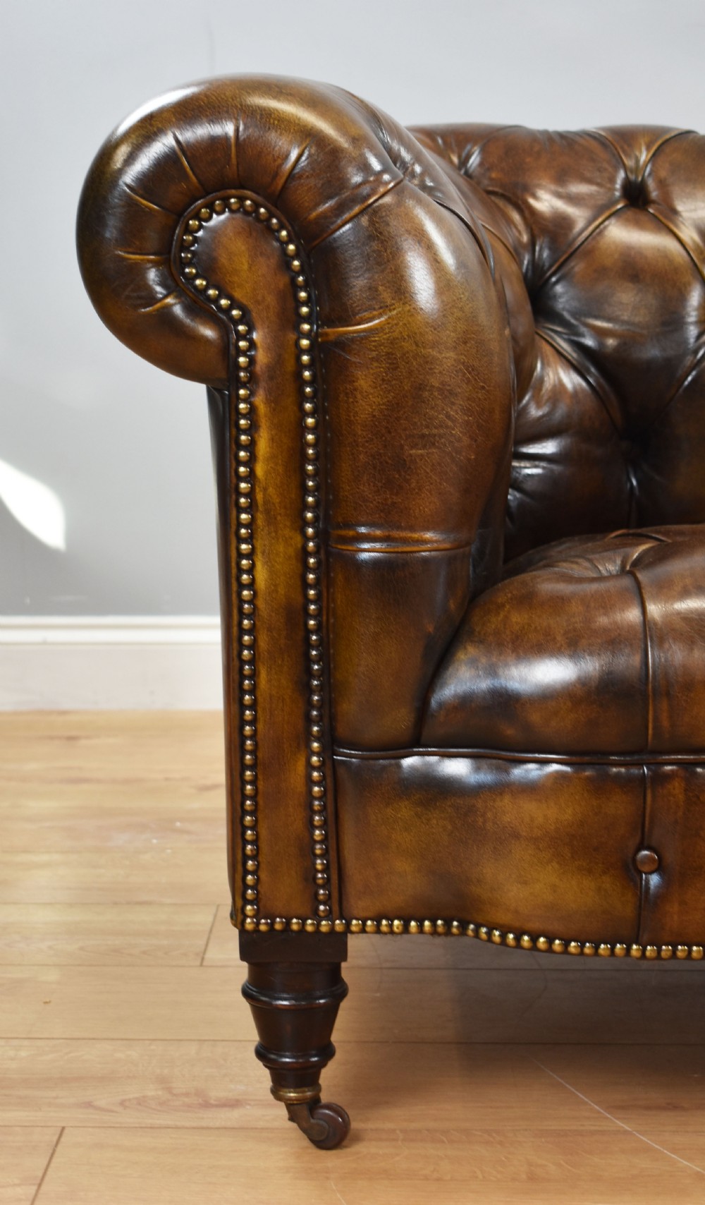 Antique Hand Dyed Cigar Brown Leather Chesterfield Sofa View III