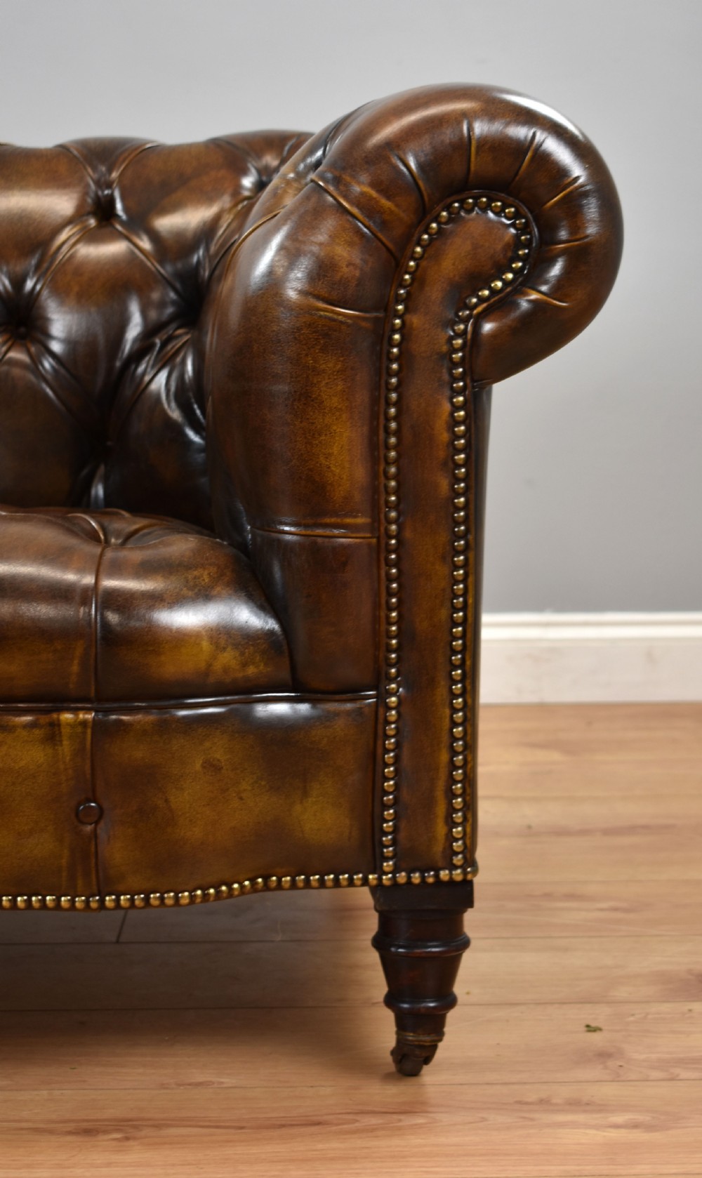 Antique Hand Dyed Cigar Brown Leather Chesterfield Sofa View V