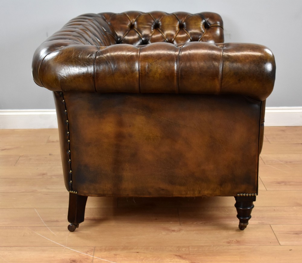 Antique Hand Dyed Cigar Brown Leather Chesterfield Sofa View XI