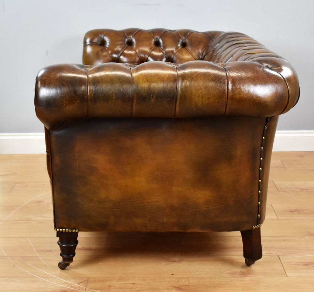 Antique Hand Dyed Cigar Brown Leather Chesterfield Sofa View XIII