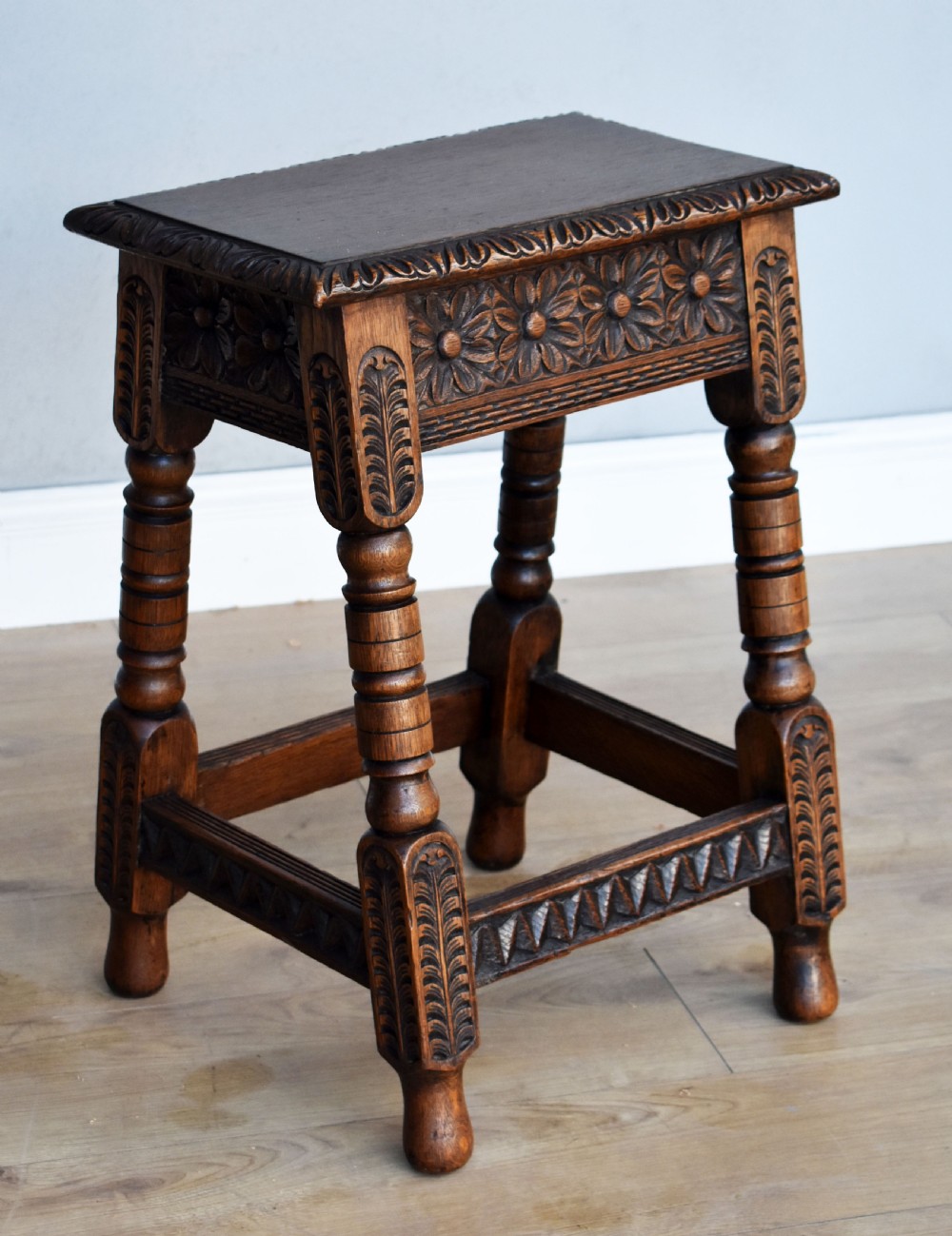 Antique Carved Oak Joint Stool