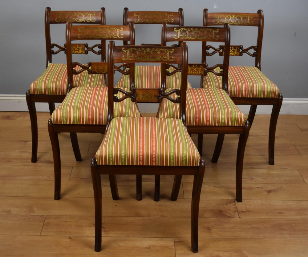Set Six Mahogany Brass Inlaid Dining Chairs
