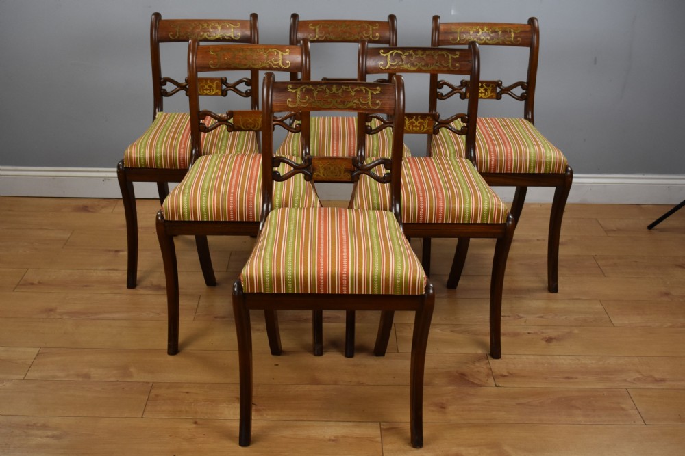 Set Six Mahogany Brass Inlaid Dining Chairs View II
