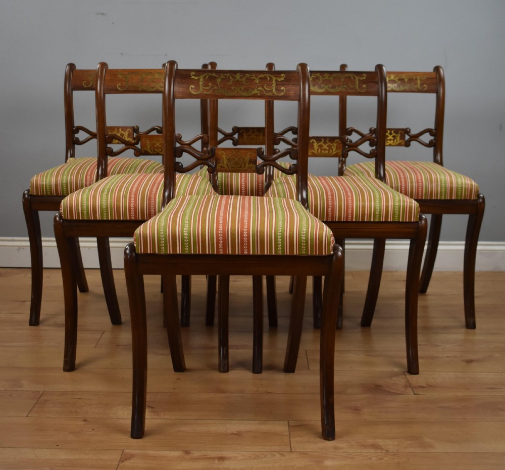 Set Six Mahogany Brass Inlaid Dining Chairs View III