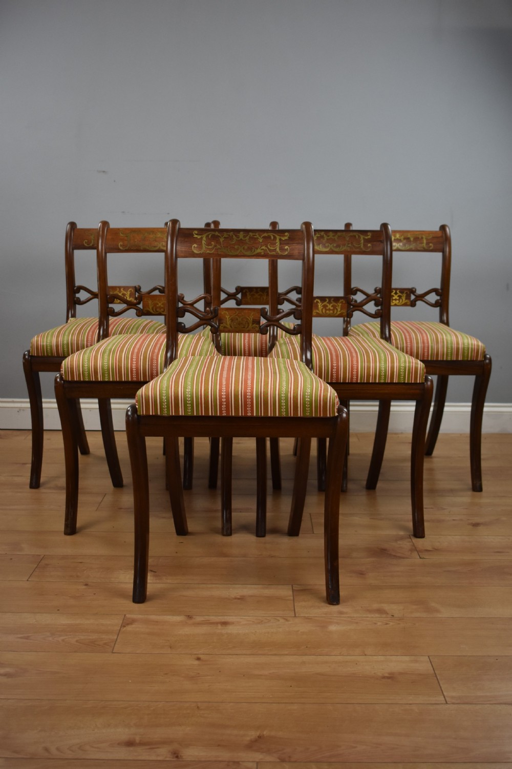 Set Six Mahogany Brass Inlaid Dining Chairs View IV