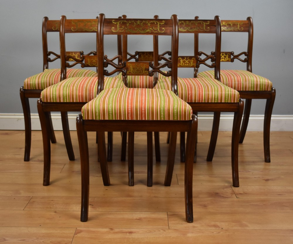 Set Six Mahogany Brass Inlaid Dining Chairs View V