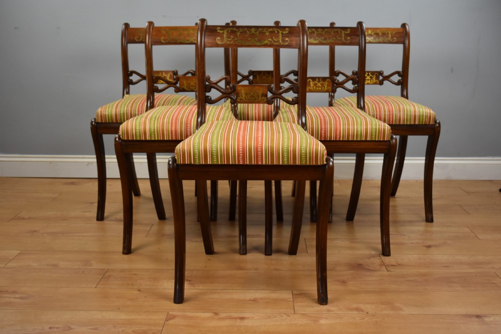 Set Six Mahogany Brass Inlaid Dining Chairs View VI