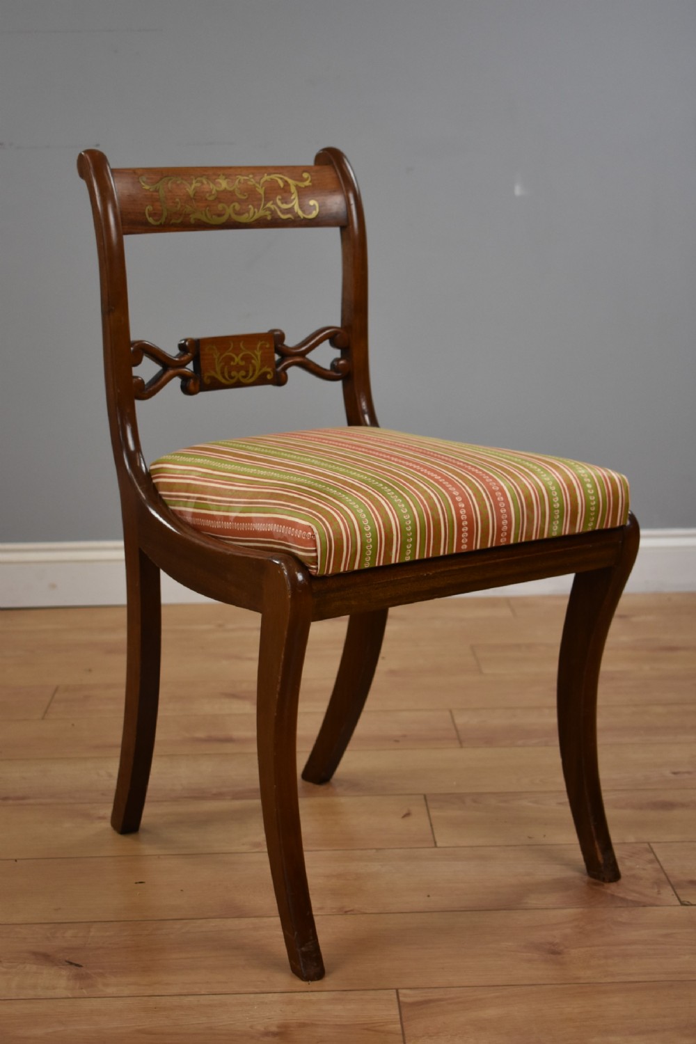 Set Six Mahogany Brass Inlaid Dining Chairs View VII