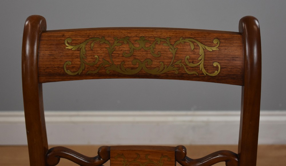 Set Six Mahogany Brass Inlaid Dining Chairs View X