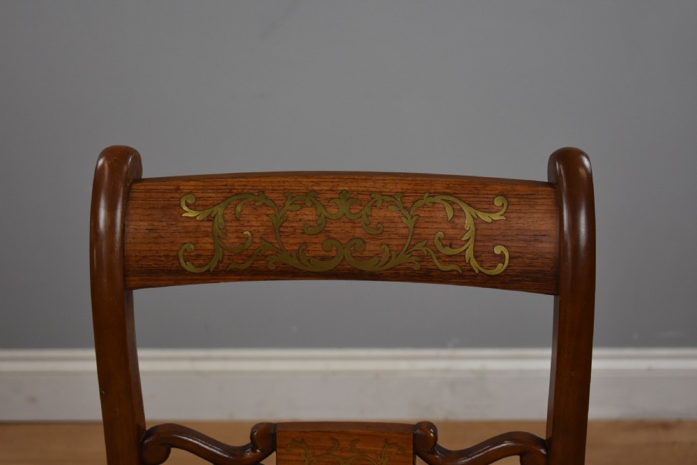 Set Six Mahogany Brass Inlaid Dining Chairs View XI