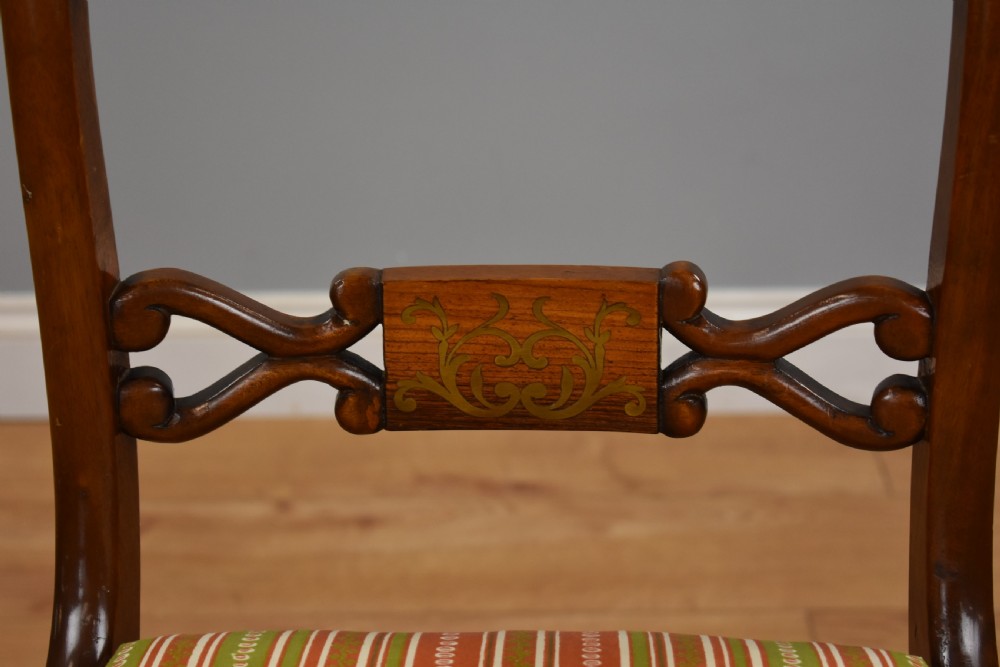 Set Six Mahogany Brass Inlaid Dining Chairs View XII
