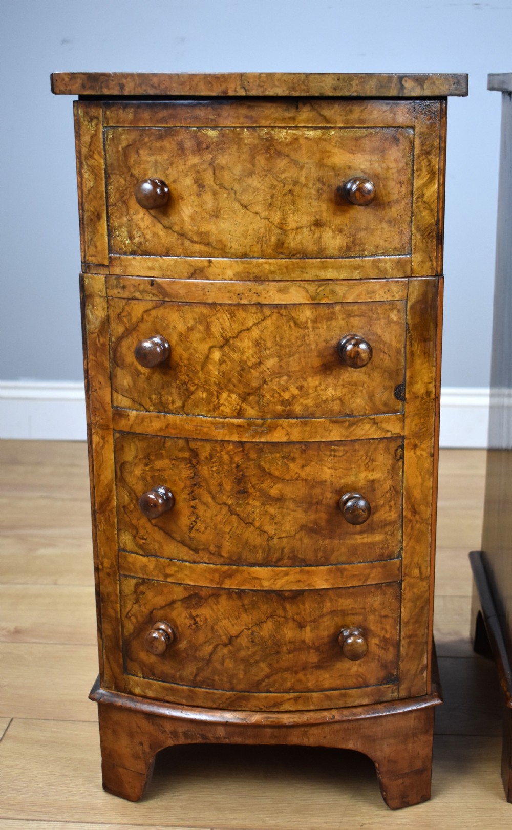 Pair of Victorian Burr Walnut Bow Front Bedside Cabinets View V