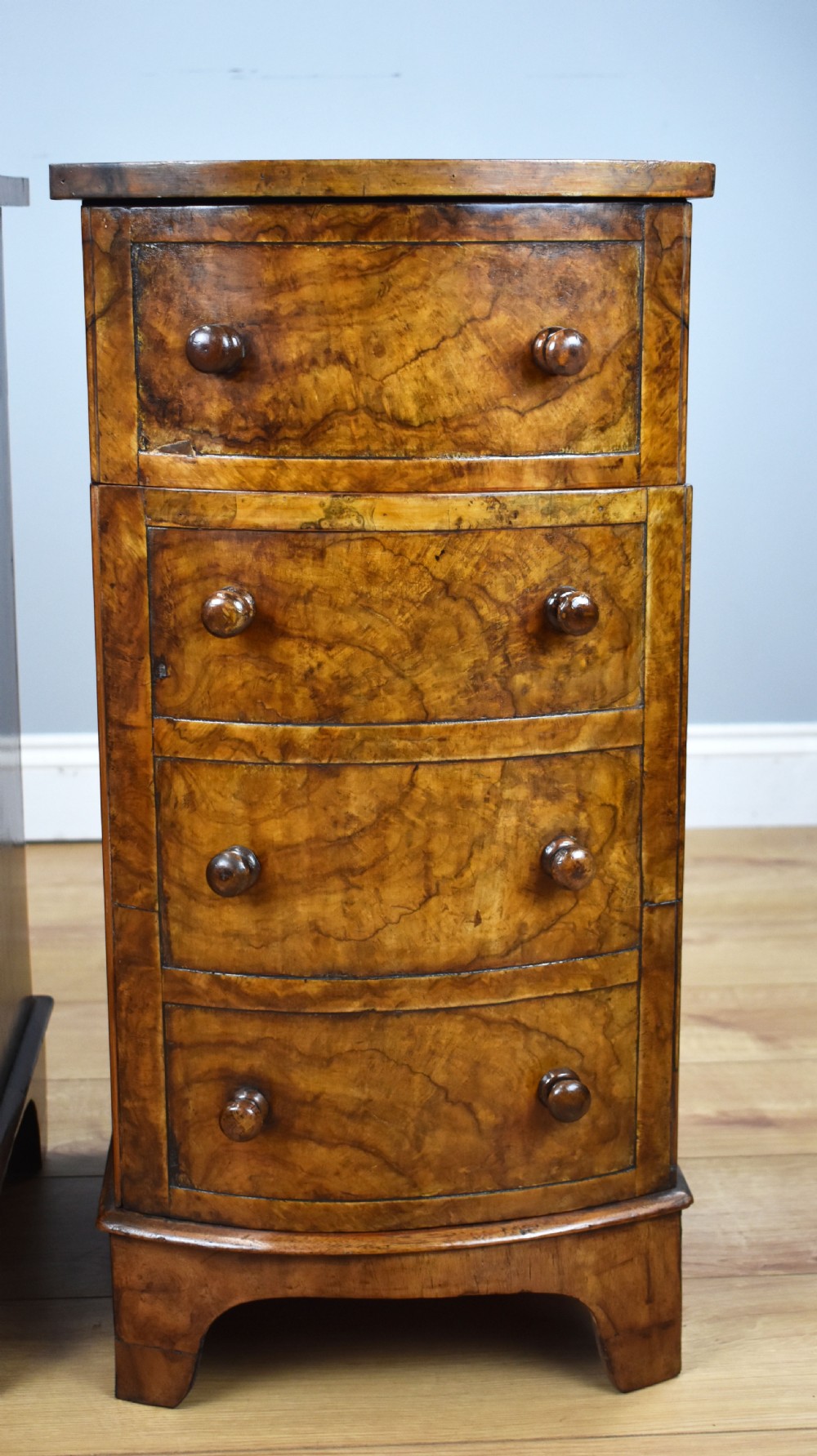 Pair of Victorian Burr Walnut Bow Front Bedside Cabinets View VI