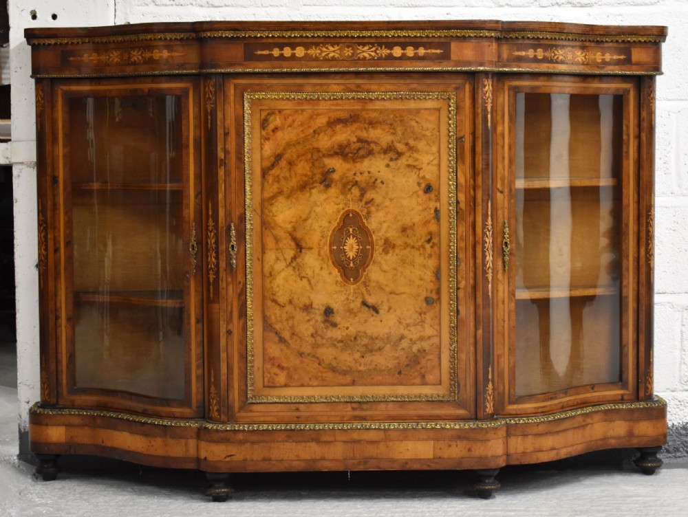 Victorian Burr Walnut Inlaid Serpentine Credenza
