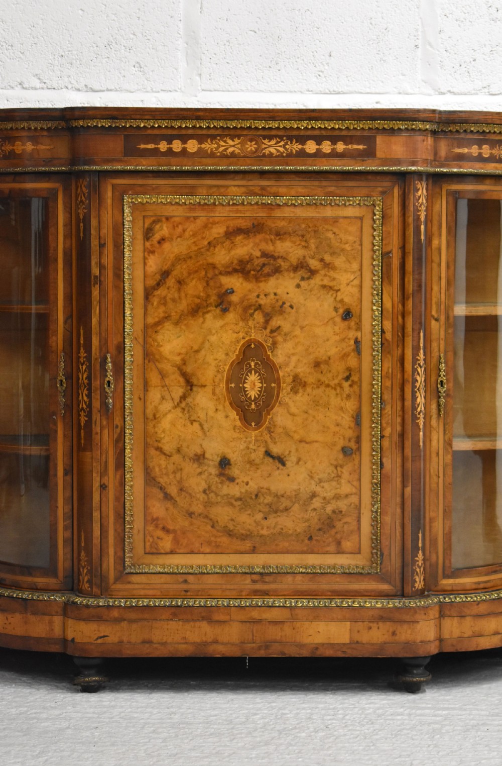 Victorian Burr Walnut Inlaid Serpentine Credenza View II