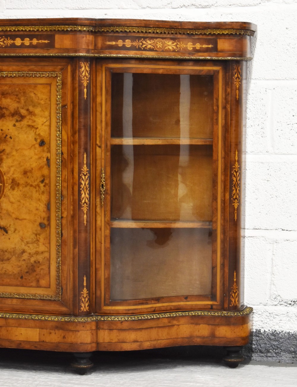 Victorian Burr Walnut Inlaid Serpentine Credenza View III
