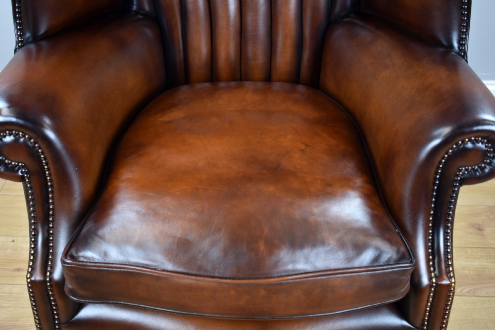 Antique Hand Dyed Leather Barrel Back Armchair View III