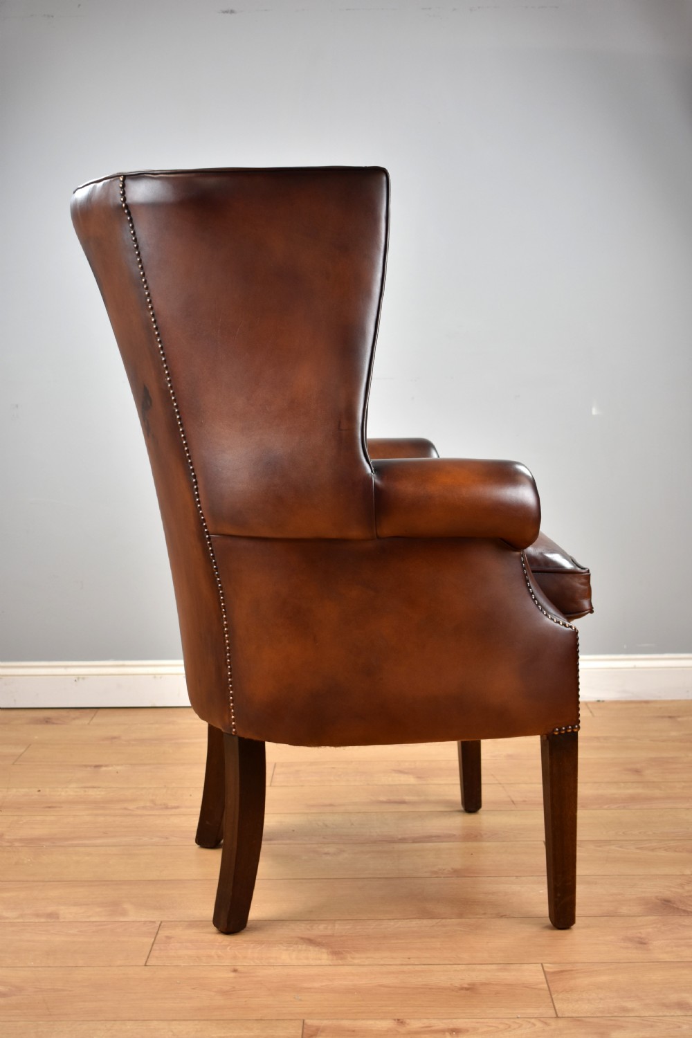 Antique Hand Dyed Leather Barrel Back Armchair View V
