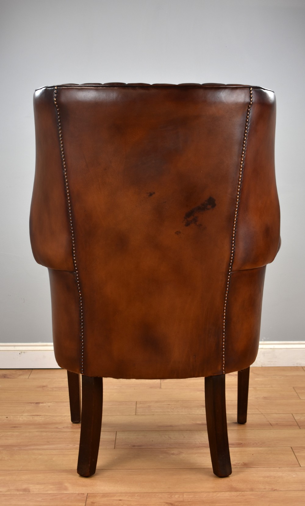 Antique Hand Dyed Leather Barrel Back Armchair View XI