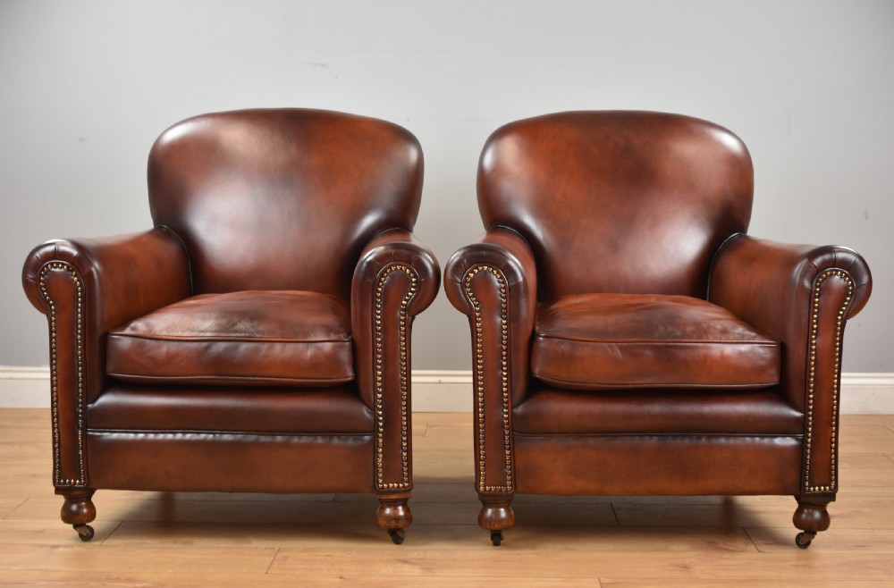 Pair Hand dyed Honey Brown Leather Armchairs View II