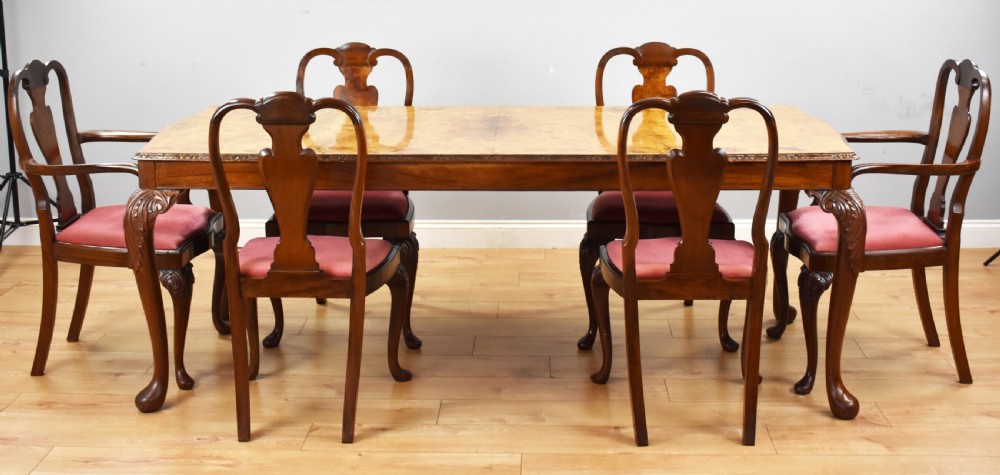 Queen Anne Style Burr Walnut Table & 6 Chairs