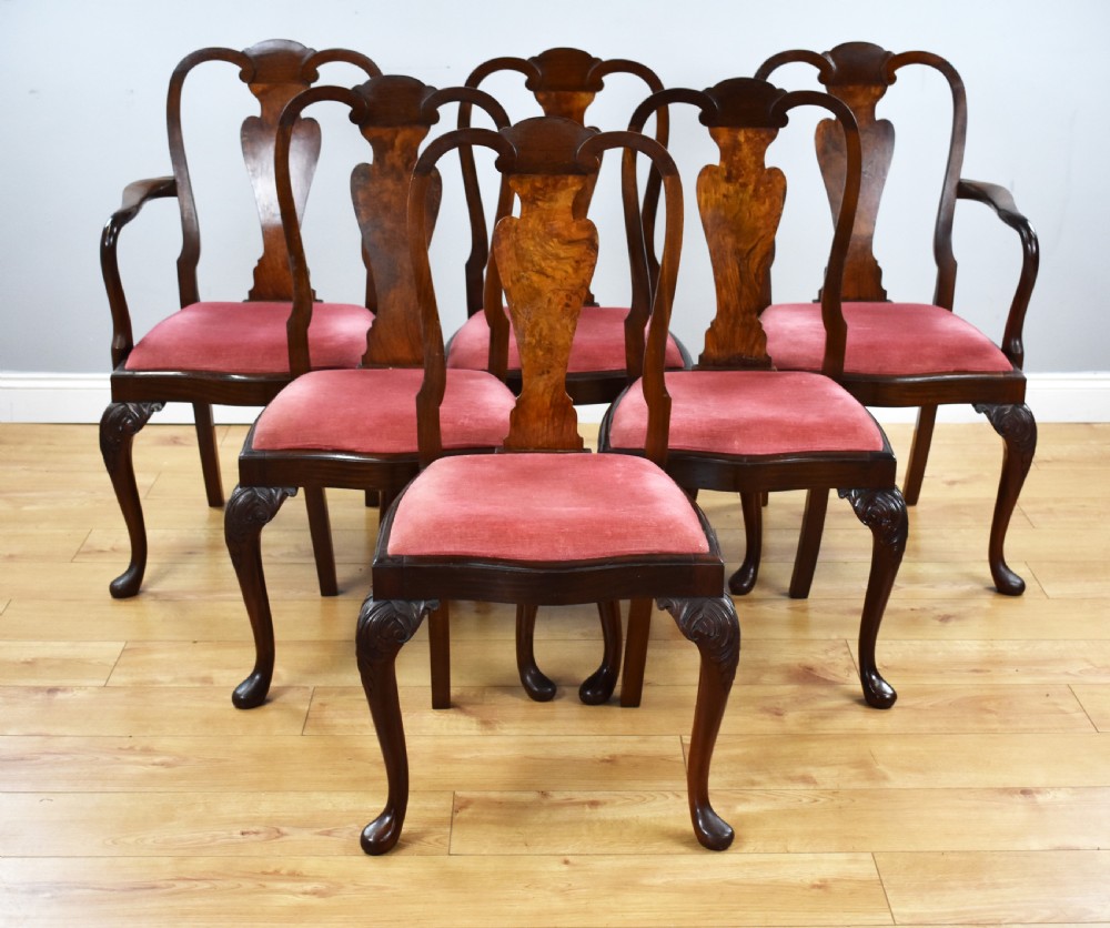 Queen Anne Style Burr Walnut Table & 6 Chairs View V