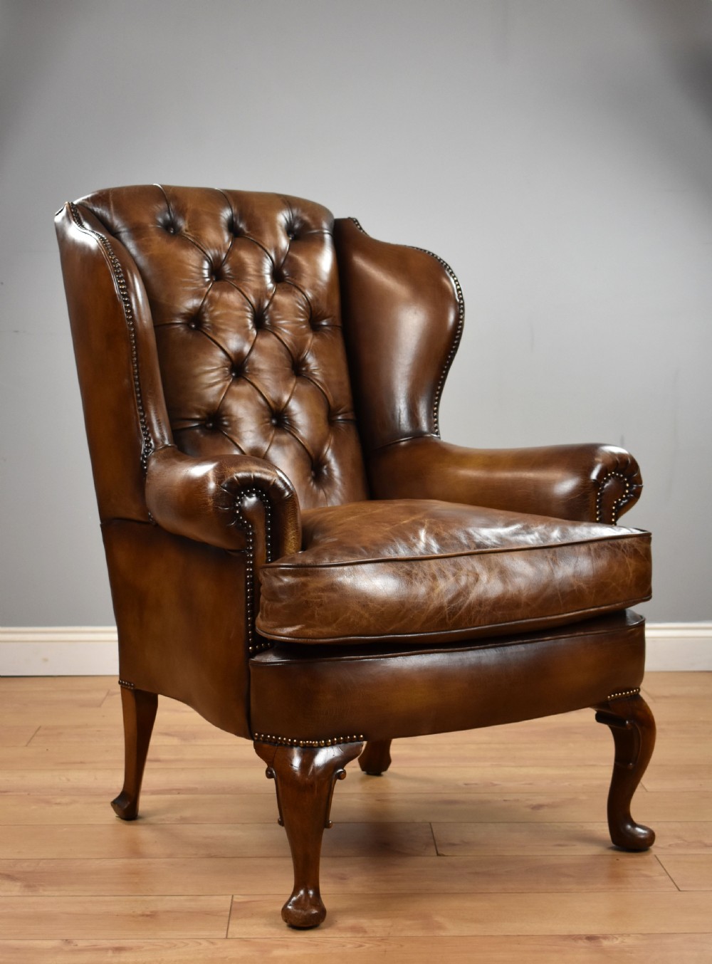 Antique Hand Dyed Leather Wing Back Armchair